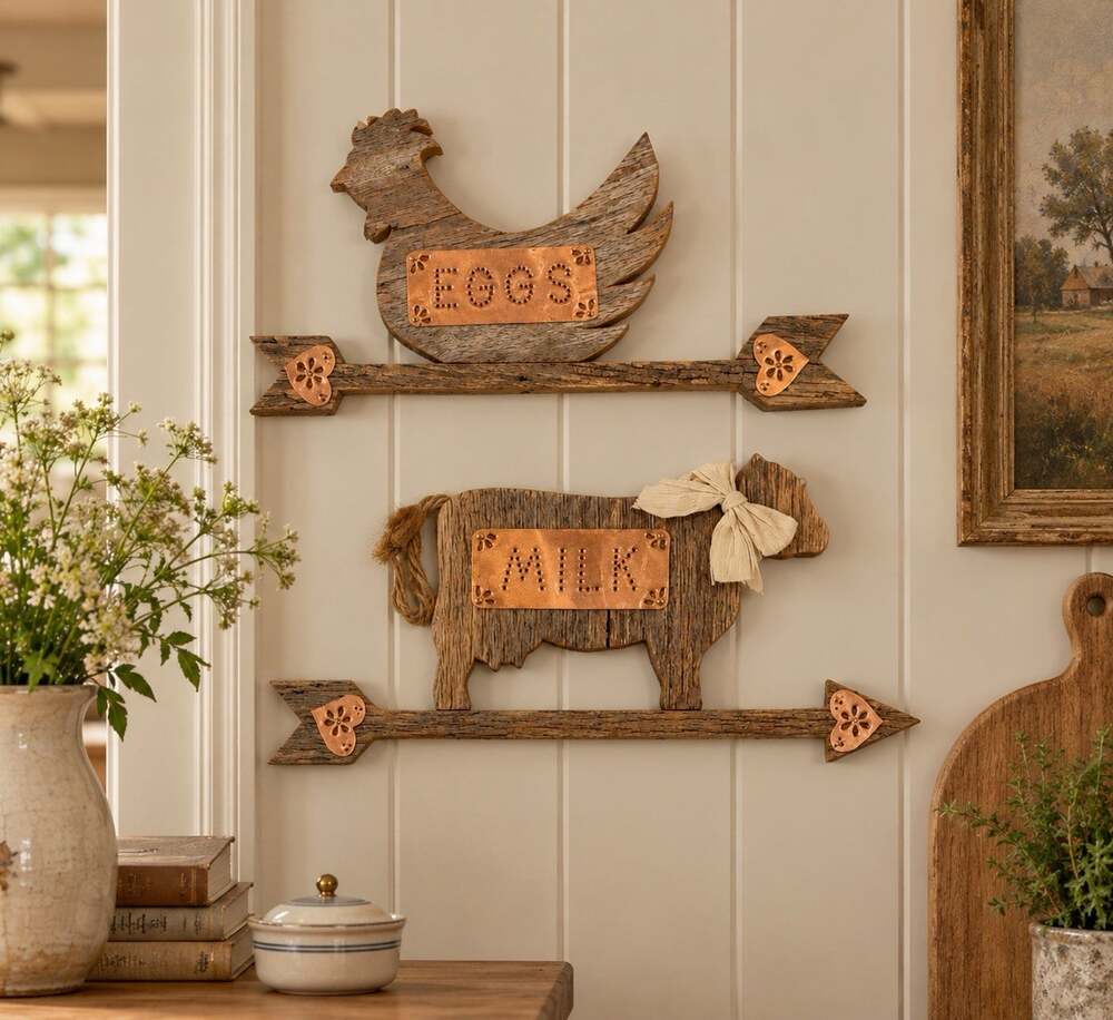 Vintage Rustic barn wood Farmhouse chicken cow egg milk Arrow Accent Decor